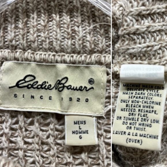 Vintage Eddie Bauer Henley Sweater Large Oatmeal - Picture 4 of 6